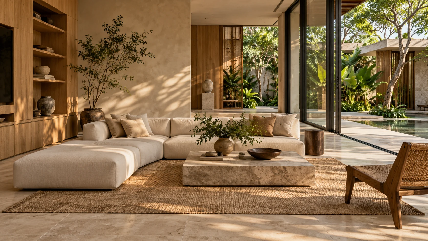 Warm natural materials and a living room connected to a courtyard