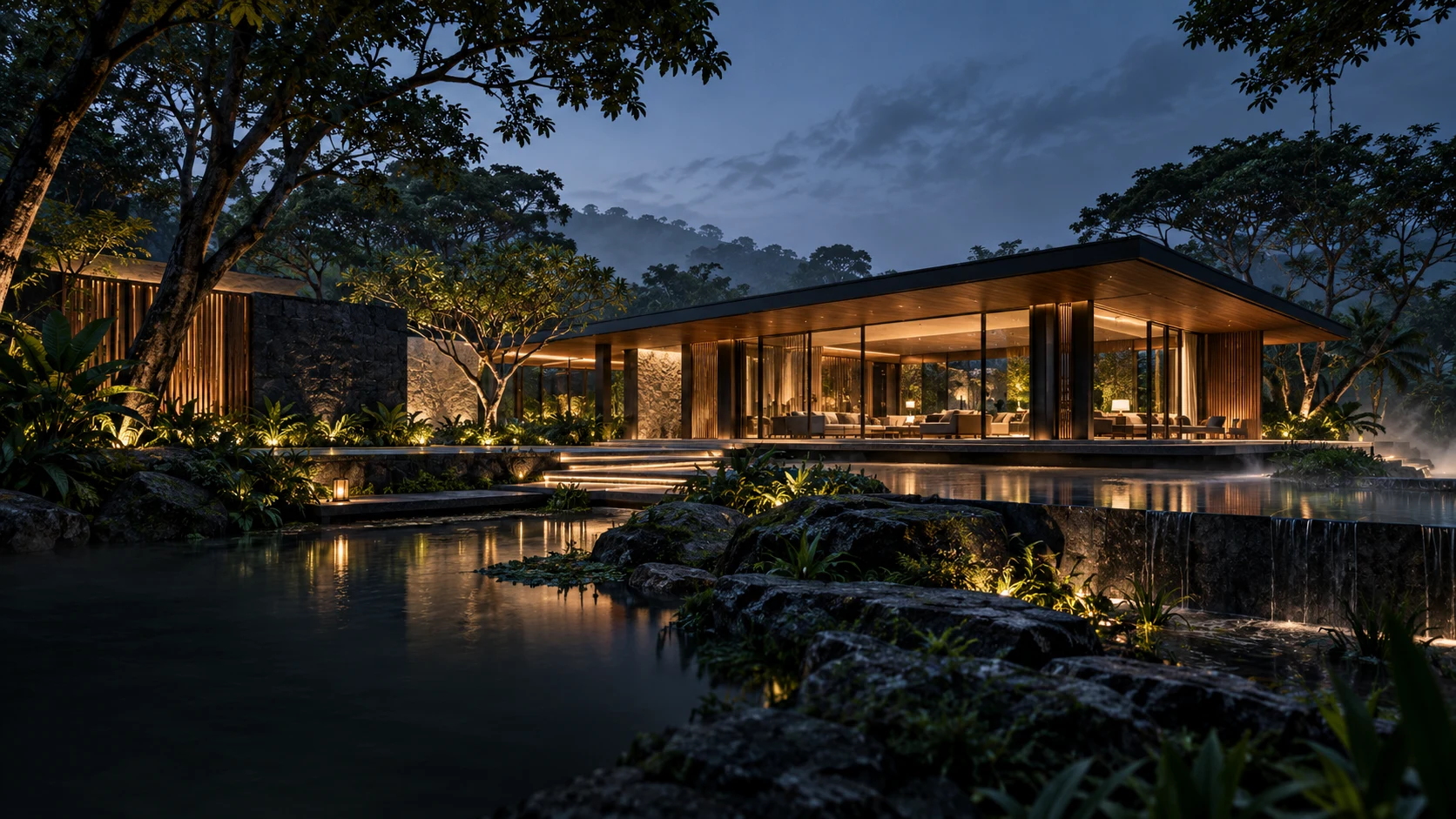 Tropical courtyard house concept at dusk